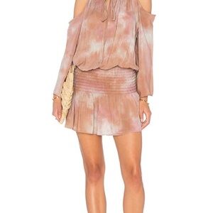 BLUE LIFE Shirred Waist Off Shoulder Dress Tie Dye Tan Boho Hippie  Size Small